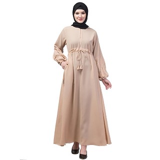 Adjustable waist Pleated Sleeves Abaya- Light Skin